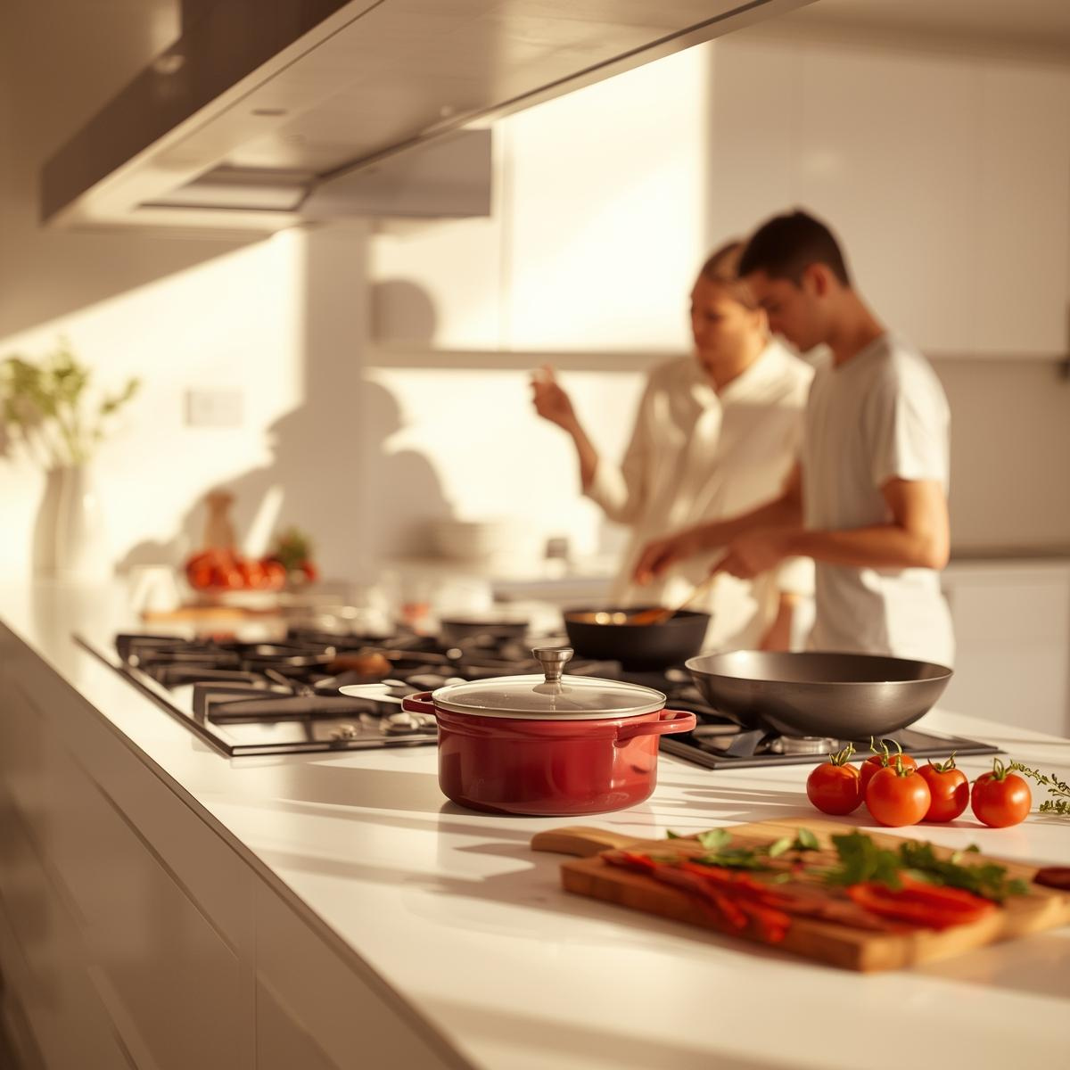 Modern kitchen countertop with premium cookware and prep tools